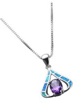 Purple Oval Crystal Stone Pendant Necklace Blue Opal Love - £180.86 GBP
