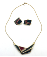 Vintage Monet Necklace &amp; Earring Set Clip On Enamel Red Navy Goldtone - $22.50