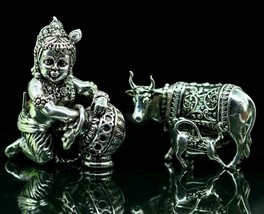 925 sterling silver baby krishna makkhan Gopala kamdhenu cow figurine su229 - £325.23 GBP