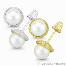 5mm White Freshwater Pearl &amp; 7mm Ribbed Halo 14k White Yellow Gold Stud Earrings - £73.58 GBP
