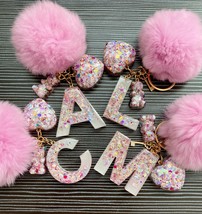 Lovely personalised KEYCHAIN. Epoxy resin handmade. Real fur pom pom - £7.09 GBP