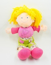Mary Meyer Doll Plush Stuffed 10-1/2 Inch Blonde Stitched Eyes Pink Green Heart - £10.35 GBP