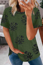 Green Crew Neck Tropical Plants Print T-shirt - £13.66 GBP
