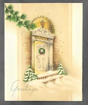 VINTAGE 1940s WWII ERA Christmas Greeting Card OPEN DOOR Wreath Snow Emb... - £11.62 GBP