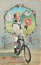 Cute Young Boy Riding Bicycle~Many Happy Returns~Birthday Color Photo Postcard - $5.93