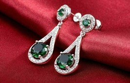 14K White Gold Plated Silver 3.50Ct Simulated Emerald Drop/Dangle Earrings - £79.12 GBP