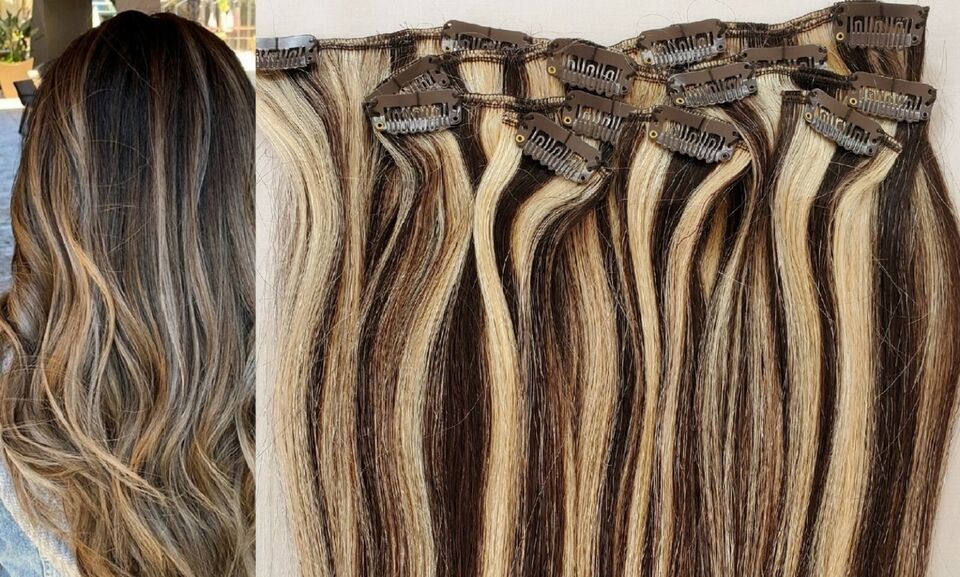 Primary image for 18",20",22",24" 100% Remy Human Highlighted Hair Extensions 7Pcs Clip in #4/613