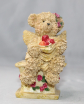 Teddy Bear Angel Holding Apples Sitting on Bench Roses Figurine Resin 4&quot; - £6.06 GBP
