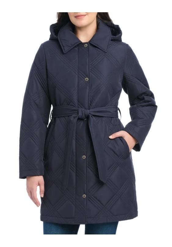 Jones New York Womens Jacket Navy Blue Quilt Hood Tie Belt Pockets Heavyweight Item image 3
