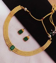Bollywood Style Gold Plated Indian Green Choker Necklace Earrings Jewelry Set - £18.82 GBP