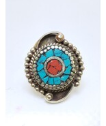 Vintage Tuareg Brass Turquoise Inlay Ring – Handmade Boho Statement Jewelry - $70.07 CAD