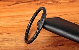 Men Leather Bracelet Simple Black Stainless Steel Button - £4.88 GBP