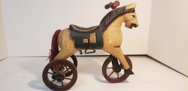 Vintage Folk Art Hand Painted &amp; Carved Wooden and Metal Horse Tricycle D... - $24.99
