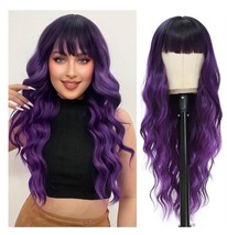 NAYOO Long Purple Wigs with Bangs for Women Curly Wavy Hair Wigs Heat Re... - £17.46 GBP