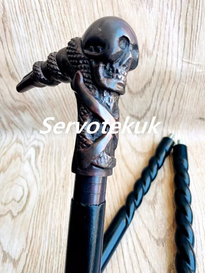Antique Style Brass Skull Head Handle Wooden Walking Stick Cane Handmade... - $36.99