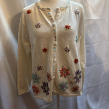 White Stag Large Cream Cardigan Sweater Snowflake/Floral Beaded  Embroidery - $23.39 CAD
