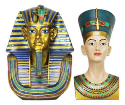 Large Egyptian Pharaoh King Tut And Queen Nefertiti Bust Statue Set Of 2 Decor - £263.73 GBP