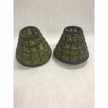 Pair Beaded Candle shade glass insert Green lamp 4 by 5 inch bedroom vanity - £31.17 GBP