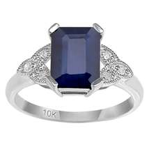 10k White Gold Vintage Style Genuine Emerald-Cut Sapphire and Diamond Ring - £159.49 GBP