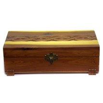 Cedar Wood Pressed Design Footed Jewelry Box Brass Hardware Vintage - $24.72