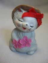 Bell Cat Figurine Gray &amp; White Pink Flowers Brown Hat Red Bow Ceramic Porcelain - £6.35 GBP