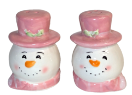 Retro Snowman Salt and Pepper Shakers Pink Hat Scarf Ceramic Holiday Kit... - $11.99