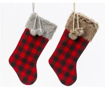 Red Black Buffalo Plaid Stocking with Brown or Grey Fur Collar CHOOSE YO... - $17.98
