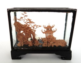 Vintage Chinese lacquered wood cork diorama Pagoda &amp; Woodland Scene - £15.73 GBP