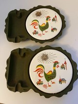 Vintage Japan Cast Iron PAIR Ashtray &amp; Ceramic Tile Coaster W/Rooster Farmhouse - £7.45 GBP