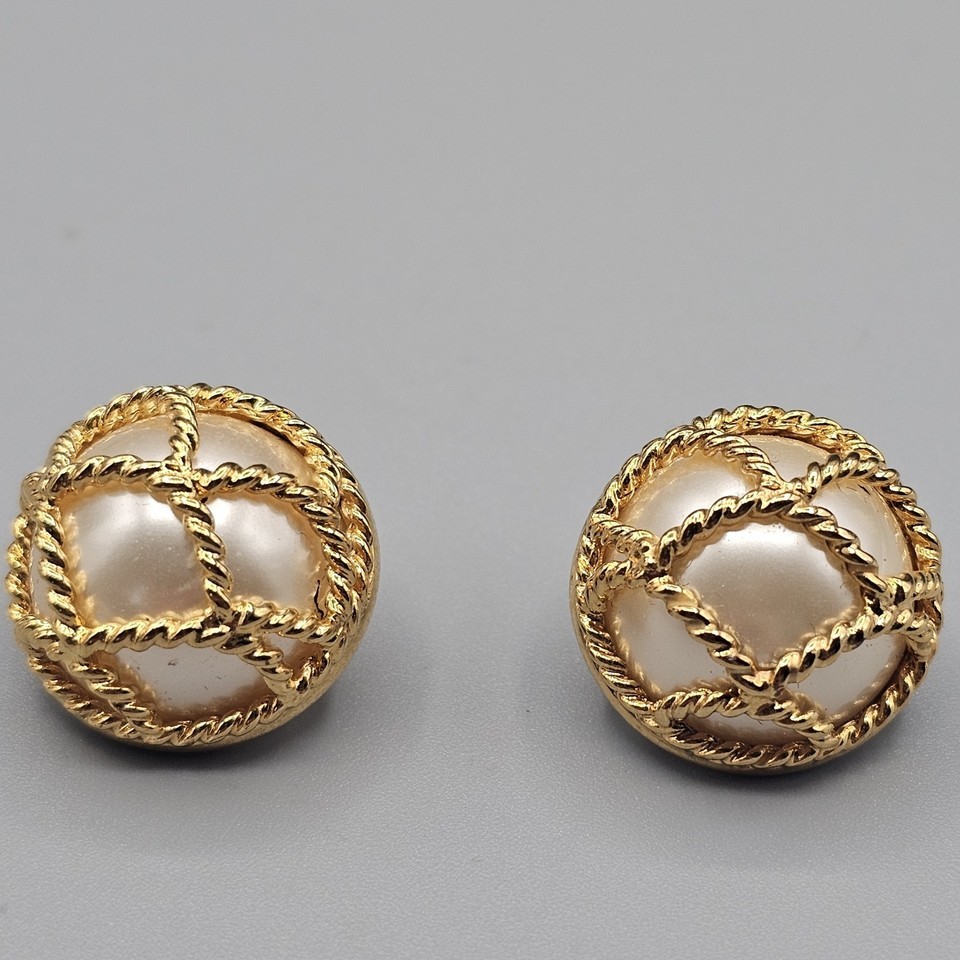 Vtg Joan Rivers Earrings Pierced Ear Gold Tone Rope Caged Faux Pearl NO ... - $19.99