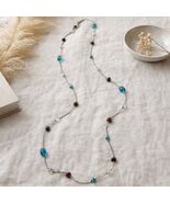 Long Beaded Necklace 60 Inch Silver Tone Blue Glass Brown Beads Station ... - $19.80