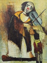 Vintage Colorful Oil Painting Happy Clown w/Blue Violin, Signed W. Moss, 61 x 47 - £142.95 GBP