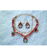 XMAS IN JULY!! 3 PC Gold Christmas Bracelet &amp; Earrings Set Wreath Charm ... - £7.76 GBP