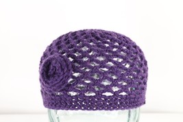 NOS Vtg 70s Streetwear Crochet Wool Knit Flower Skull Beanie Hat Purple Women OS - £30.92 GBP