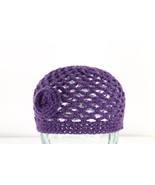 NOS Vtg 70s Streetwear Crochet Wool Knit Flower Skull Beanie Hat Purple ... - £31.25 GBP