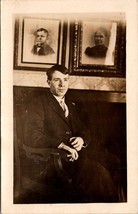 Vintage RPPC Black &amp; White Real Photo Postcard of Man in Suit Sitting in Chair - £11.60 GBP