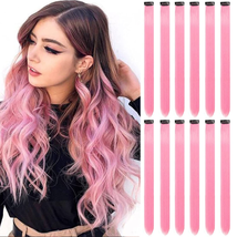 12 PCS Pink Hair Extensions Clip In, Colored Party Highlights Extension for Kids - £9.41 GBP