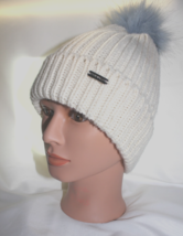 Steve Madden Cream Knit Winter Hat With Fuzzy Blue Pom - $11.87