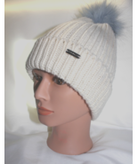 Steve Madden Cream Knit Winter Hat With Fuzzy Blue Pom - $11.87