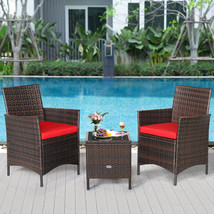 3Pcs Patio Rattan Furniture Set Coffee Table Cushioned Sofa Seat Red - £152.00 GBP