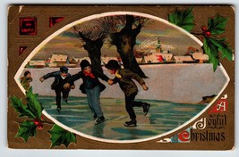 Christmas Postcard Boys Children Ice Skating On Pond Trees Town Village 1911 - £9.71 GBP