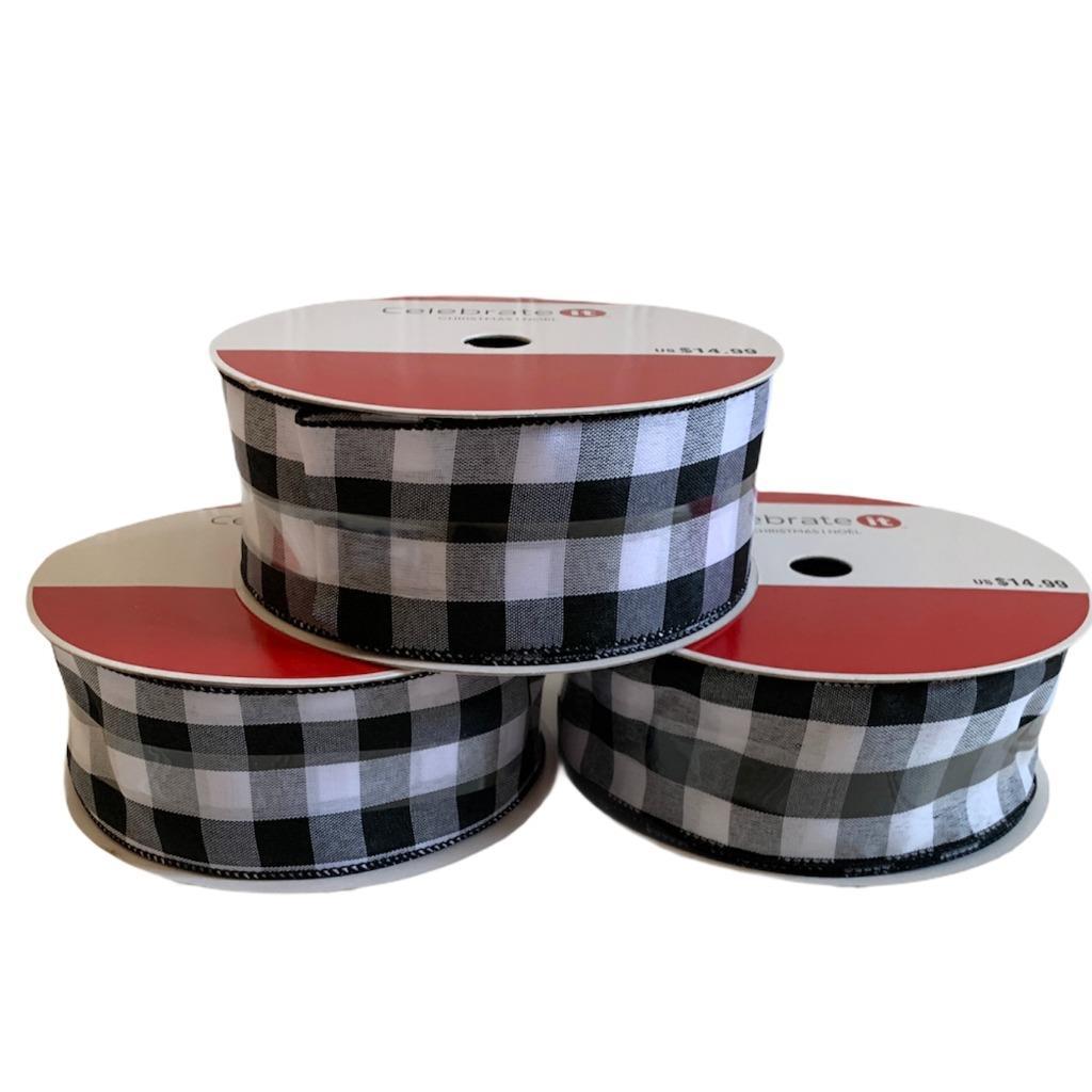 Christmas Ribbon LOT 3 Wired Jumbo Roll Black White 2 1/2" x 75 Ft Celebrate It - $19.34