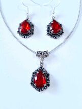 Victorian Ruby red Silver jewelry set Ruby red set necklace earrings Vic... - $52.00