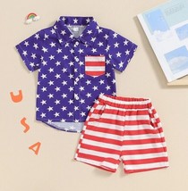 NEW 4th of July Stars &amp; Stripes Boys Short Sleeve Button Shirt &amp; Shorts Outfit - £9.43 GBP