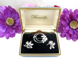 Krementz Vintage Brooch &amp; Screw Back Earrings Set Rhinestones In Original Box - £22.76 GBP