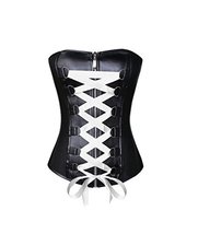 Black Faux Leather White Satin Lace Halloween Costume Bustier Overbust Corset - £47.44 GBP