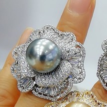 Trendy Flower Pearl Statement Rings for Women Cubic Zircon Finger Rings Beads Ch - £26.05 GBP