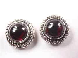 Garnet Stud Earrings 925 Sterling Silver with Double Rope Style Accents - £16.53 GBP