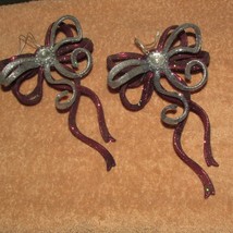 CHRISTMAS ORNAMENTS BOWS burgundy &amp; silver bows 4 in set (Ebay  1 outsd in bx) - £4.74 GBP