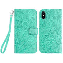 For iPhone XS Max Tree Birds Embossed Pattern Leather Phone Case(Green) - £3.94 GBP